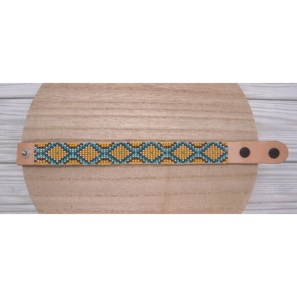 Loom Beaded Bracelet Teal & Brown on Leather - Picture 2 of 5